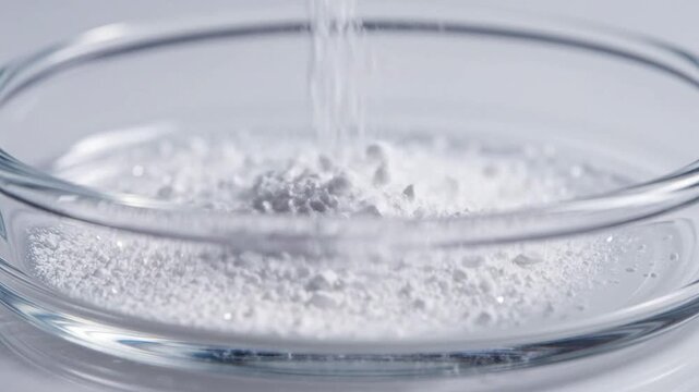 Close-Up View of Fine, White Powdered Substance Being Poured into Clear Petri Dish On Studio Background
