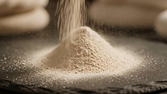 Close-Up View Of Finely Powdered Ingredient Falling Onto Dark Surface, Perfect For Culinary, Health, And Beauty Applications