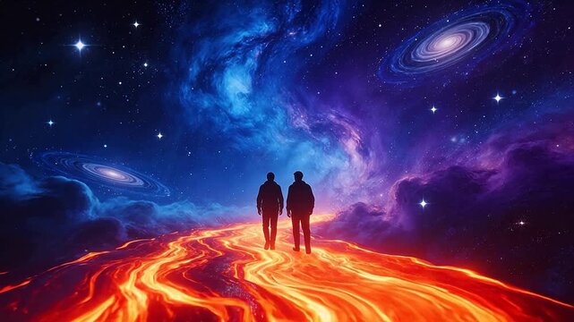 Two figures walking on a cosmic path