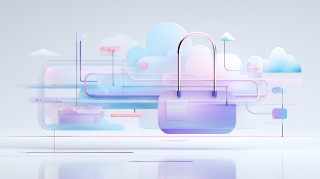 Abstract 3D pastel cloud computing and digital shopping bag background with lines, ecommerce tech design
