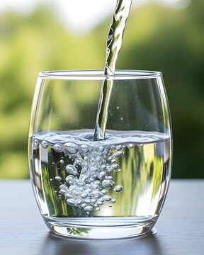 Clear glass filled with fresh, sparkling water being poured, creating a dynamic splash and visible bubbles against a blurred green foliage background.