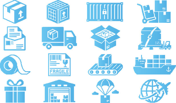 Pixel logistics shipping icons box truck container and delivery icons blue theme.