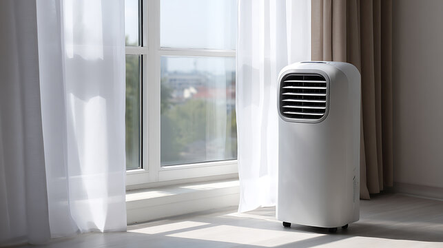 Modern portable climate control unit stand in a bright room with window and sheer curtains, providing comfort and fresh air inside home