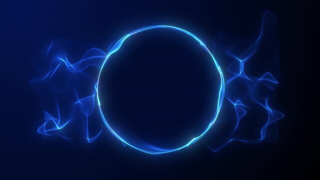 Blue sphere made of particles and waves emits energy, spherical ball or magic circle, plasma explosion ring, science fiction. 3D rendering. Seamless loop 4k video. animation  background
