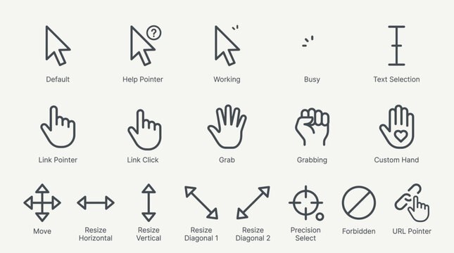 Diverse collection of computer mouse cursors and pointers for various actions and states, isolated white background.