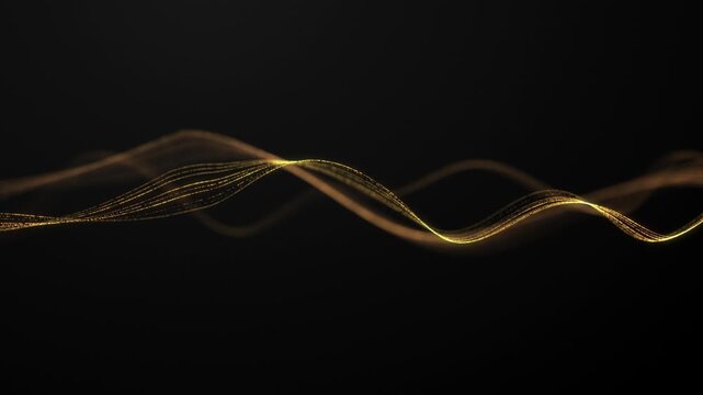 Golden graphic wave black background. Golden wave particles glittering lines dark background. Liquid smooth golden line wave close up VJ loop. Luxury vector golden wave. Expensive luxurious black