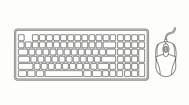 Outline drawing of a computer keyboard and mouse, isolated white background.