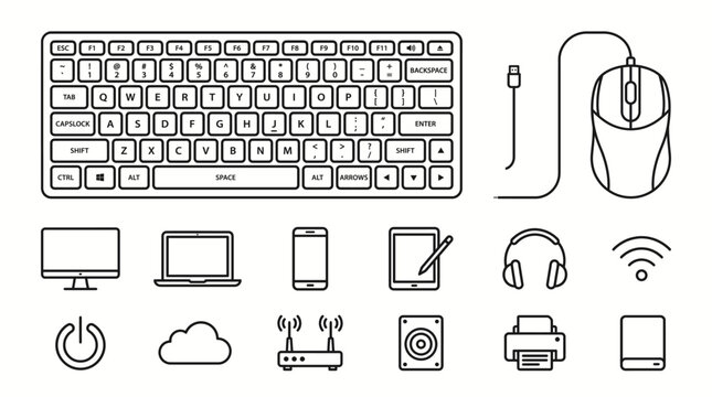 Extensive Set of Outline Icons for Computer Peripherals and Network Connectivity in Bright Studio