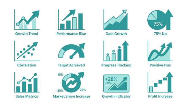 Set of blue and white business performance and growth metrics icons for data analysis and target tracking on an isolated white background.