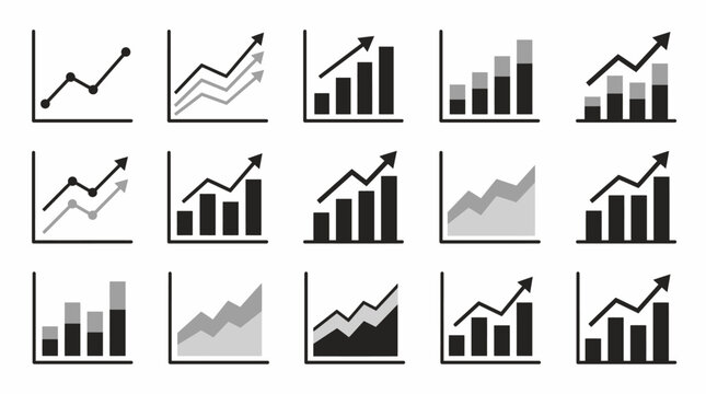 Set of business growth and financial data graph icons on an isolated white background for analytics and reporting.