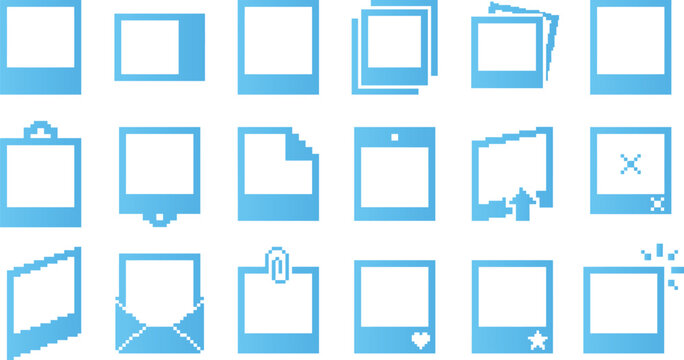 Set of pixel art photo frame icons, empty picture placeholders vector illustration.