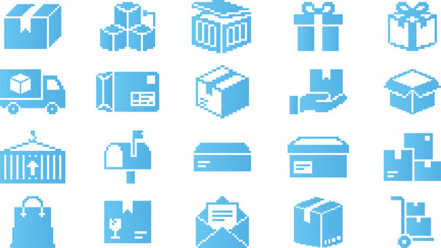 Collection of pixel art icons representing shipping and delivery services includes boxes trucks mailboxes and gifts.