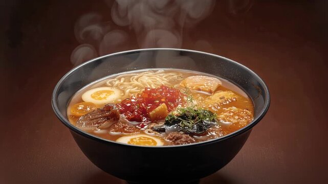 Steaming spicy miso ramen bowl with noodle, broth, soft egg, boiled egg and sliced pork