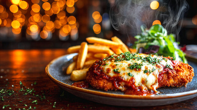 Steaming hot chicken parma with cheese and fries on dark plate with string lights bokeh