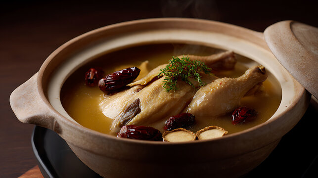 Authentic whole fowl simmer in a traditional clay pot, showcasing rich broth, flavorful meat, and aromatic herbs in a warm, inviting presentation