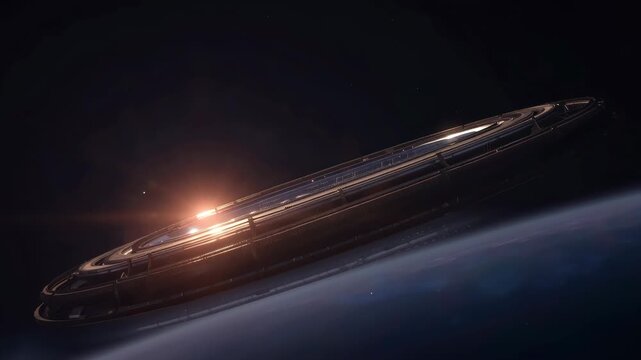 Orbital ring habitat with sunrise glow and sleek metallic space station orbiting blue planet