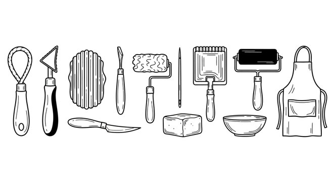 Collection of various pottery and printmaking tools for artistic creation.