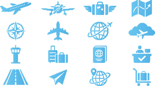 Set of pixel art travel and airport icons showing airplanes luggage maps and landmarks.