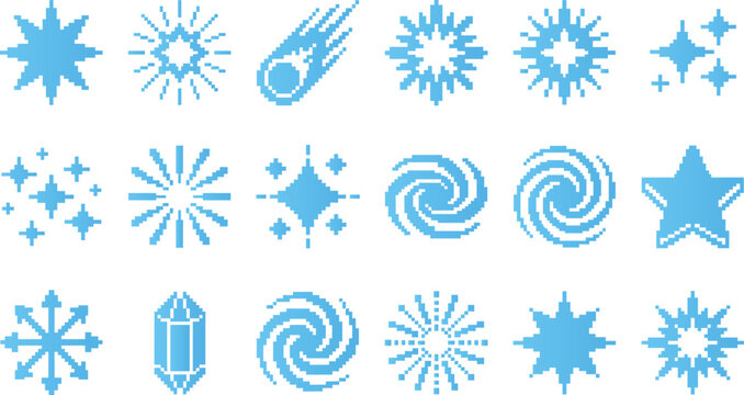 Pixel art space celestial icons set featuring stars galaxies and cosmic symbols in blue.