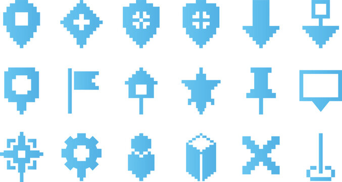 Pixel art map pin and location marker icons set for navigation and interface design blue.