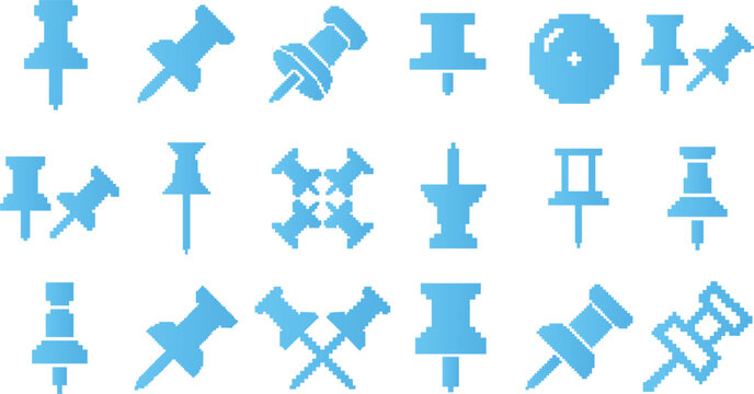 Pixel art push pin and thumbtack icons set in various angles for office and map markers.