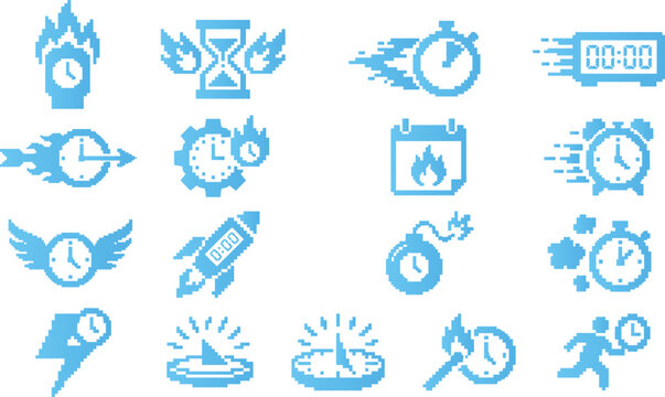 Pixel art time and speed icons featuring burning clocks flying timers and fast movement.