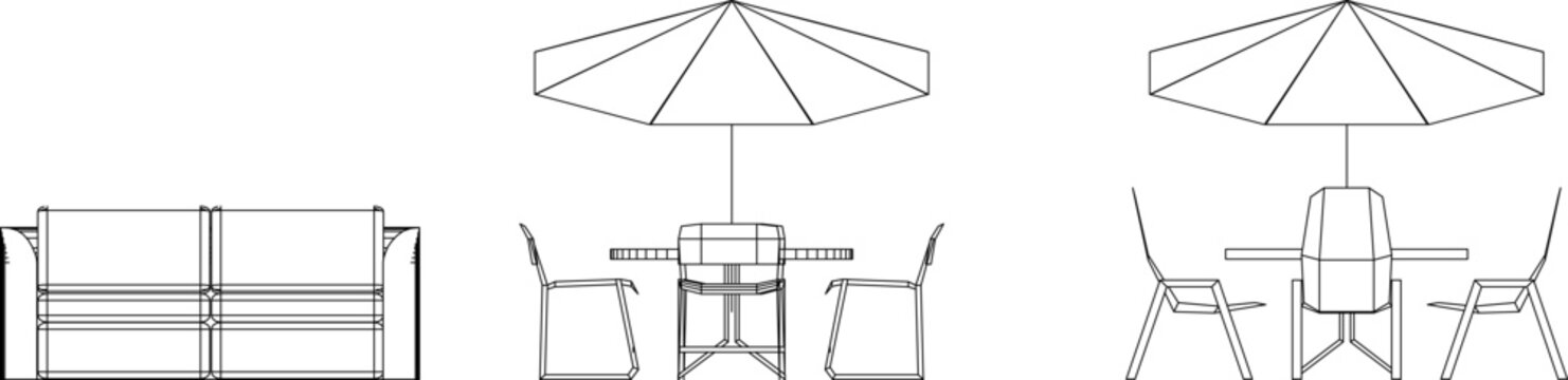 Collection of top-down furniture symbols for architectural plans. Features a desk setup and outdoor dining sets with umbrellas. Monochrome line art.