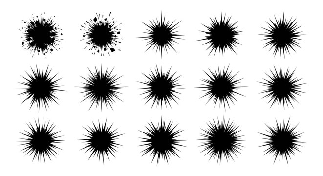 Set of black spiky ink splatters and bursts.