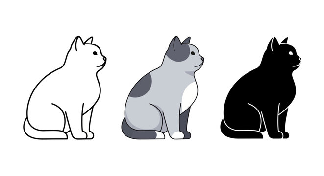Three adorable domestic cats sitting side by side in various colors.
