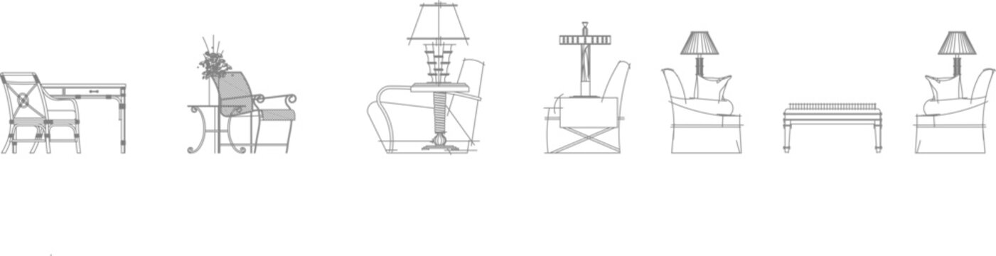 Technical vector set of modern living room and patio furniture, featuring side elevation views of armchairs, tables, and lamps.