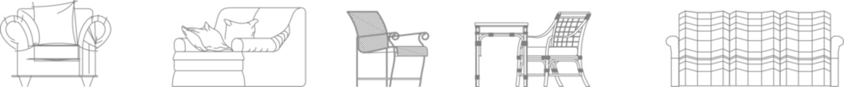 Collection of furniture symbols including armchairs, sofas, a loveseat, and a desk setup. Interior design layout elements in monochrome line art.