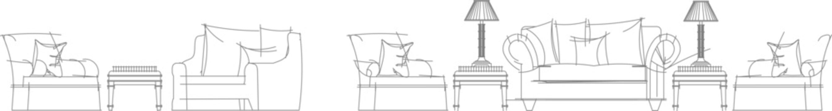 Technical vector set of classic living room furniture, featuring detailed front elevation views of sofas, armchairs, and lamps.