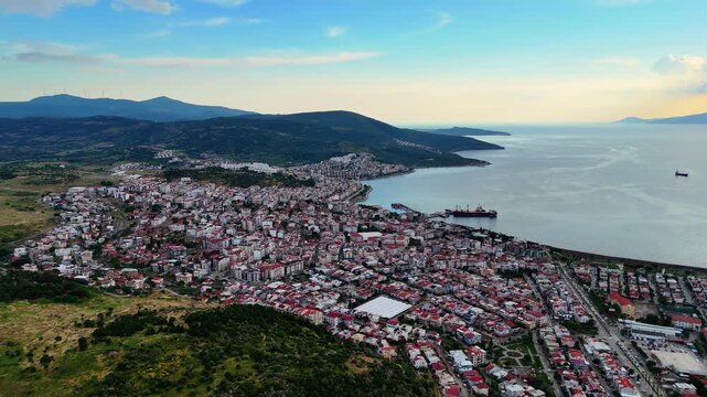 Aerial Coastal Panorama of Dikili, Izmir, Turkey at Sunset