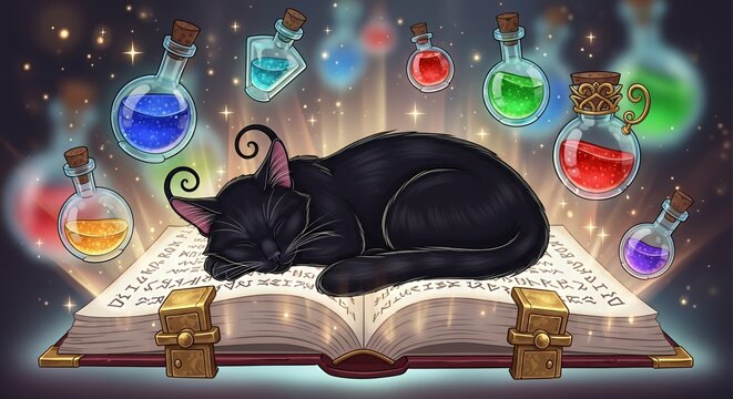 Black cat sleeping on open spellbook with glowing potions.