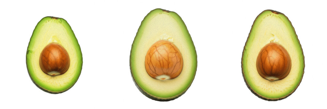 Set of Fresh Ripe Avocado Halves with Pits Isolated on White Background for Healthy Food Design