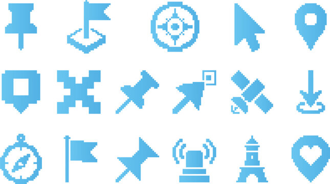 Pixel art navigation icons set with map pins flags compass and digital cursor indicators.