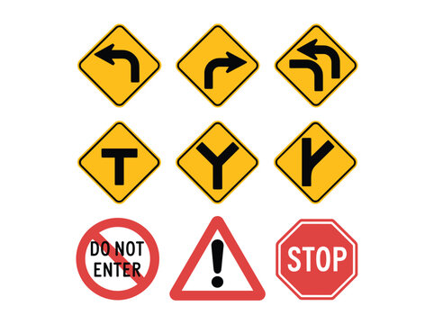 Set of nine road traffic signs including yellow diamond warning symbols with arrows and junctions plus red regulatory signs for do not enter exclamation mark warning and stop octagonal sign