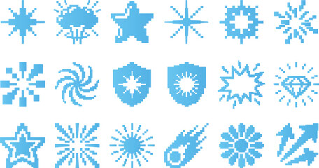 Collection of pixelated blue icons for sparkles, stars, and shields on a white background. © Sabbir