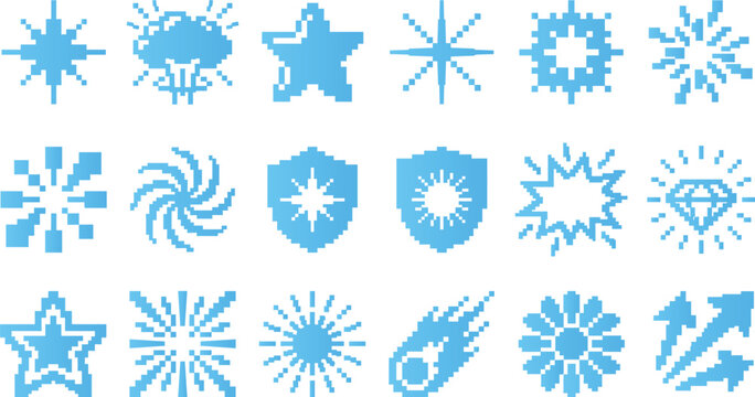 Collection of pixelated blue icons for sparkles, stars, and shields on a white background.