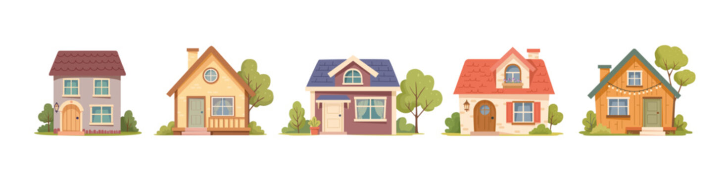 A set of cute houses. Concept of country housing, townhouses, and rural living. Cartoon houses isolated on a white background