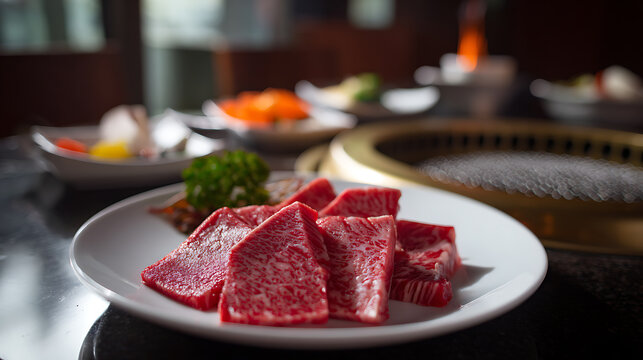 Close-up of premium raw red beef slices with delicate marbling on a white plate, ready for restaurant barbecue grill, tantalizing and fresh