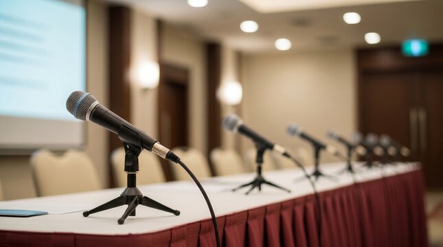 Row of professional microphones standing on red tablecloth at corporate conference table in bright modern meeting room ready for speakers and journalists during important press events.