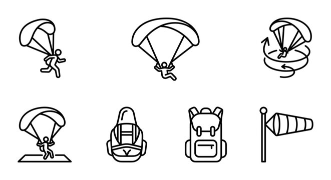 Parachute Icons Set: Skydiving, Landing, Wind Sock, Backpack Vector Graphics