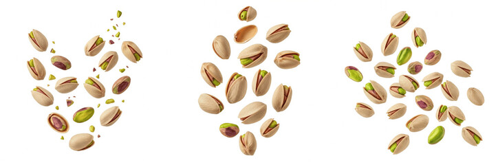 Obraz premium Floating Pistachio Nuts Set Isolated on White Background, Falling Roasted Pistachios with Shells, Nutritious Healthy Snack Elements, High Quality Food Photography Cutout, Professional Culinary Ingredi