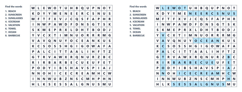 Summer word seek puzzle sheet, mental game for education and entertainment