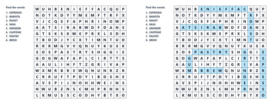 Coffee Shop word seek puzzle sheet with highlighted solutions, educational game and brain activity for leisure