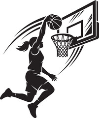 Dynamic silhouette of a female basketball player performing a powerful slam dunk over the hoop with energetic motion lines © Ranasa