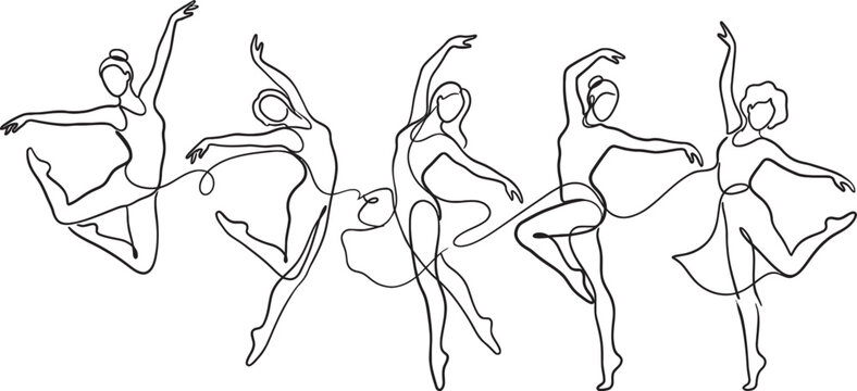 Five fluid line art dancers performing ballet gracefully in various dynamic poses isolated on transparent background