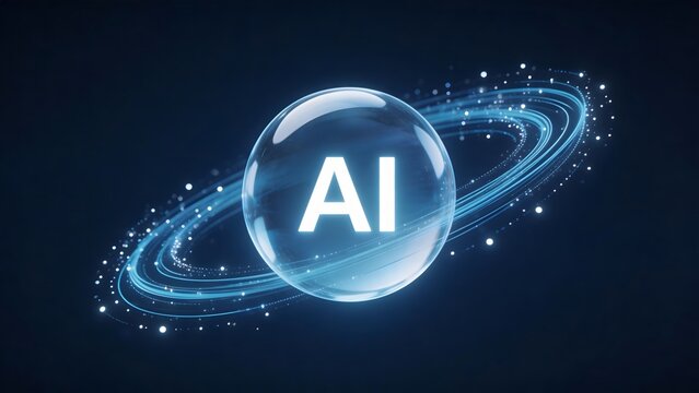 AI sphere with orbiting light trails