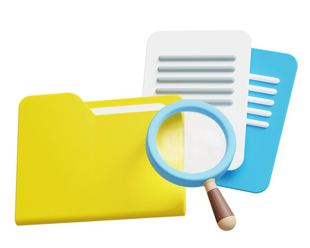Office folder with documents. Searching file with magnifying glass 3d icon illustration isolated on transparent background. Document management and data organization concept